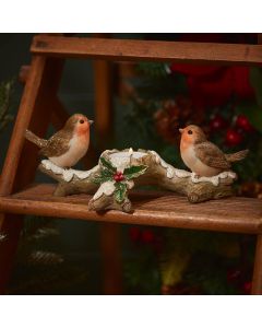 XMAS DOUBLE ROBIN ON BRANCH TEA LIGHT HOLDER BROWN POLYRESIN