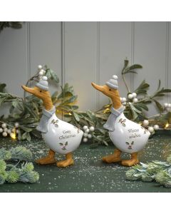 XMAS SENTIMENT DUCK ORNAMENT 2 ASSTD WHITE POLYRESIN WITH QUOTE