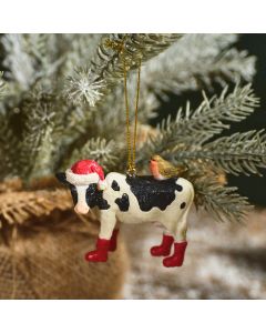 XMAS FRIESIAN COW HANGER RESIN WITH ROBIN & RED WELLIES