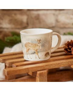XMAS WOODLAND ANIMAL MUG WHITE STONEWARE WITH SNOWFLAKES