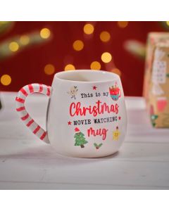JINGLE AND JOY CERAMIC CHRISTMAS MOVIE MUG WITH CANDY CANE STRIPE HANDLE