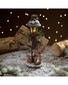 FROSTED FOREST RESIN LED LAMPPOST WITH WOODLAND ANIMALS ORNAMENT
