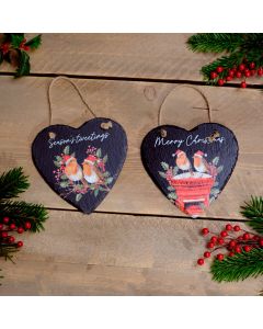 FESTIVE ROBIN WITH BERRIES AND RED POST BOX SLATE HEART HANGER 2 ASSTD