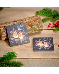NADOLIG LLAWEN ROBIN WITH BERRIES SLATE SET OF 2 SLATE COASTERS TIED WITH STRING