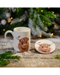 FROSTED HIGHLAND COW CERAMIC MUG AND COASTER SET BOXED