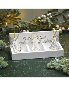 WITH LOVE AT CHRISTMAS SHAPED CERAMIC RAISED DESIGN WITH GOLD HANGER 3 ASSTD 9DS TRAY 24 **+