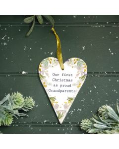 WITH LOVE AT CHRISTMAS OUR FIRST CHRISTMAS AS GRANDPARENTS RAISED DESIGN WITH GOLD CERAMIC HEART HANGER