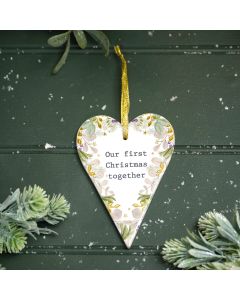 WITH LOVE AT CHRISTMAS OUR FIRST CHRISTMAS TOGETHER RAISED DESIGN WITH GOLD CERAMIC HEART HANGER