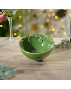 CHRISTMAS HOLLY EMBOSSED STONEWARE BOWL+