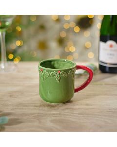 CHRISTMAS HOLLY EMBOSSED STONEWARE MUG WITH RED HANDLE+