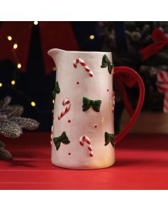 MERRY LITTLE BOWS EMBOSSED CERAMIC DECORATIVE BOW AND CANDY CANE TALL JUG