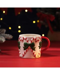 MERRY LITTLE BOWS EMBOSSED CERAMIC BOW AND CANDY CANE MUG
