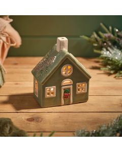 EVERGREEN CHRISTMAS STONEWARE CANDLE HOLDER HOUSE ORNAMENT WITH ROUND WINDOW