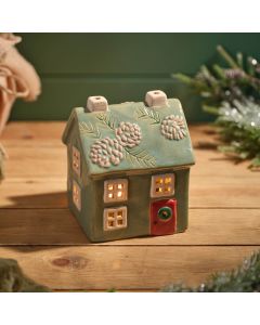 EVERGREEN CHRISTMAS STONEWARE CANDLE HOLDER HOUSE ORNAMENT