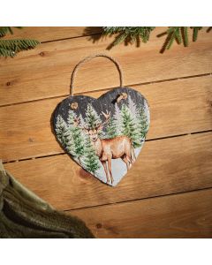 EVERGREEN FOREST SCENE WITH STAG SLATE HEART HANGER