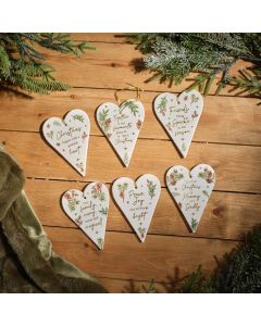 EVERGREEN FOREST CERAMIC HEART HANGER WITH RAISED 3D DETAIL AND GOLD WORDING 6 ASSTD WITH STAND OF 36 **