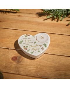 EVERGREEN FOREST CERAMIC HEART SHAPED TEA LIGHT HOLDER WITH RAISED 3D DETAIL AND GOLD WORDING