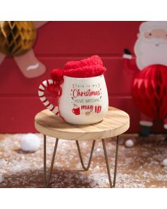 FESTIVE FUN STONEWARE MUG WITH STRIPED HANDLE POM POM AND FLUFFY SOCKS WITH GIFT BOX ***