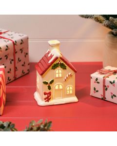 HOLLIES AND BERRIES WHITE EMBOSSED HOUSE WITH RED ROOF LED LARGE