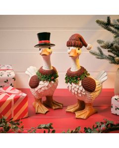 HOLLIES AND BERRIES LARGE MR AND MRS DUCK WITH HATS RESIN ORNAMENT 2 ASST