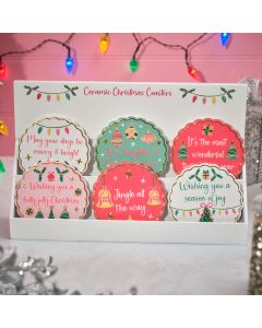 KITSCHMAS CERAMIC SCALLOPED COASTER 6 ASSTD WITH RAISED 3D DETAIL STAND OF 36