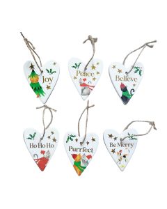 CHRISTMAS PETS CAT CERAMIC HEART HANGER 6 ASSTD WITH RAISED 3D DETAILAND GOLD WORDING TRAY OF 36