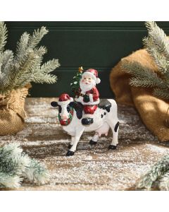 XMAS SANTA RIDING COW ORNAMENT RESIN