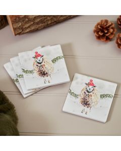 XMAS HAIRY SHEEP COASTER SET OF 4 GREY CERAMIC WITH STONE WALL