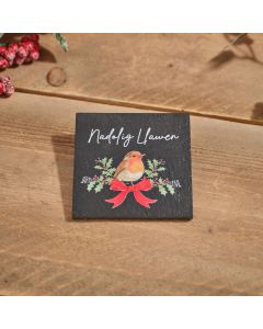 WELSH ROBIN WITH BOW NADOLIG LLAWEN SLATE COASTER WITH GIFT BOX **