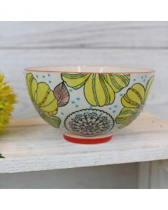YELLOW FLORAL BOWL WHITE STONEWARE WITH RAISED BLUE DOTS++