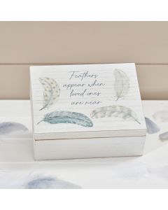 GREY FEATHER MEMORY BOX WHITE WOOD WITH QUOTE