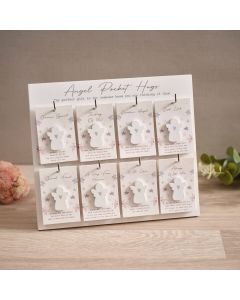 TINY SENTIMENT WOOD SHAPED ANGEL POCKET HUG 8 ASSTD WITH STAND OF 48