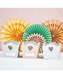 MAKEUP POT S/3 PASTEL WOOD WITH SPOTS & HEART HANDLES+