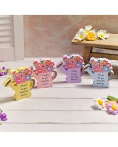 BRIGHT AND BEAUTIFUL WOOD WATERING CAN WITH FLOWERS SHAPED BLOCK 4 ASST