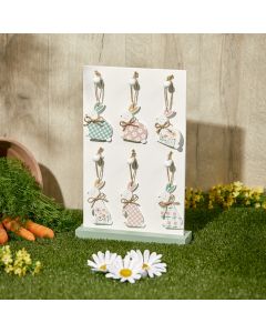 BUNNY HANGER 6 ASSTD 36/STAND PASTEL FLORAL OR GINGHAM WOOD