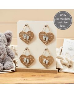 BABY FEET PEBBLE HEART HANGER 4 ASSTD 32/STAND NATURAL WOOD