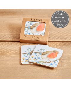 ROBIN FORGET ME NOT COASTER S/4 IN BOX HEAT RESISTANT WOOD