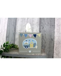 CARAVAN TISSUE BOX GREY WOOD WITH BUNTING+++