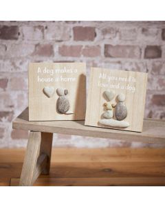 DOG PEBBLE PLAQUE 2 ASSTD NATURAL WOOD WITH 3D HEART