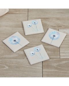 DANDELION COASTER 2 ASSTD CREAM WOOD WITH BLUE FLOWER+