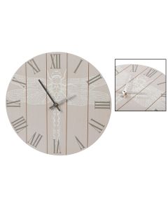 DRAGONFLY ROUND CLOCK GREY SLATTED WOOD WITH WHITE DRAGONFLY+++