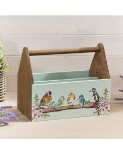 FLORAL FEATHERED WOOD BIRD CADDY WITH HANDLE