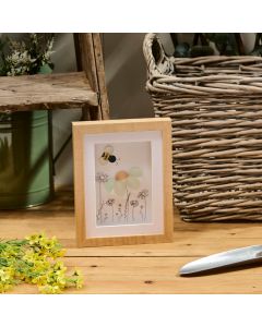 DECORATIVE WOOD OPEN FRAME WITH GLASS PEBBLE DAISY AND BEE