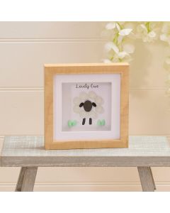 DECORATIVE WOOD OPEN FRAME LOVELY EWE WITH GLASS PEBBLE SHEEP