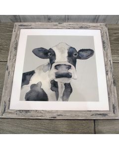 COW FRAMED PRINT WITH DISTRESSED WOODEN FRAME+