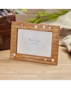 WONDERFUL SISTER PHOTO FRAME NATURAL WOOD WITH WHITE HEARTS