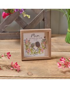 GARDEN BIRDS FLORAL MUM FRAMED SQUARE EASEL PLAQUE WITH RESIN PEBBLE BIRDS