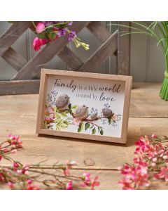 GARDEN BIRDS FLORAL FAMILY LOVE FRAMED EASEL PLAQUE WITH RESIN PEBBLE BIRDS