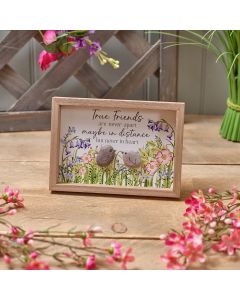 GARDEN BIRDS FLORAL TRUE FRIENDS FRAMED EASEL PLAQUE WITH RESIN PEBBLE BIRDS