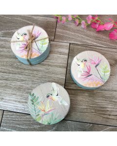 HUMMINGBIRD COASTER ROUND S/2 CHUNKY WOOD